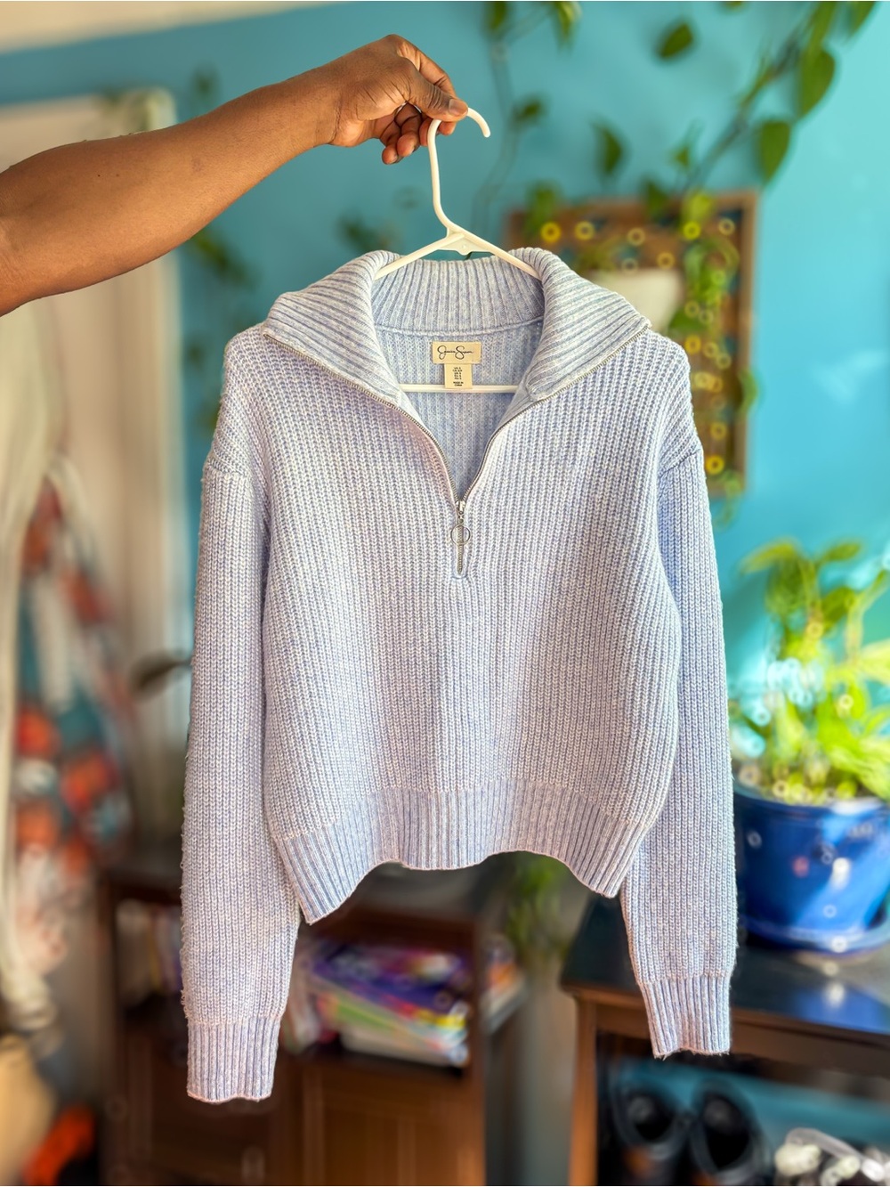 Jessica Simpson Light Blue Ribbed Half-Zip Turtleneck Sweater
